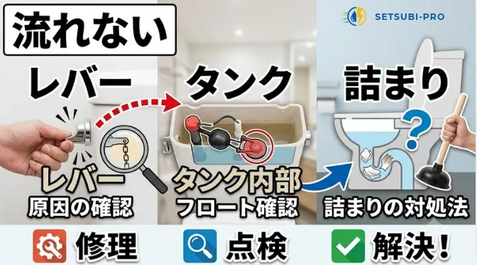 トイレが流れないときにレバーとタンクを確認する様子