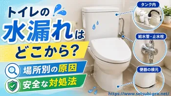 トイレの床に水がたまり、タンクや給水管周辺から水漏れしている様子