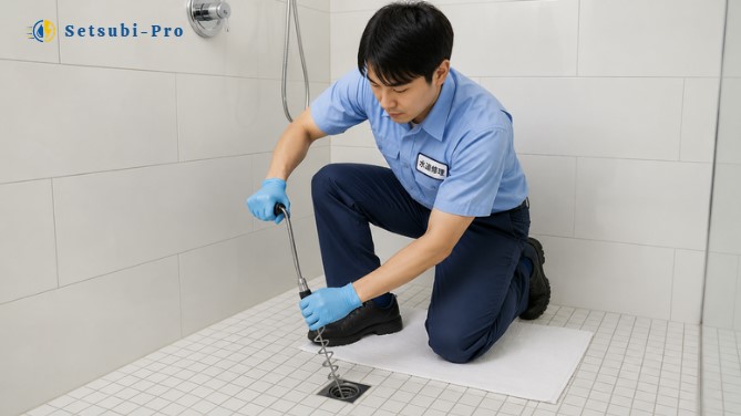 お風呂の排水口を点検する水道業者