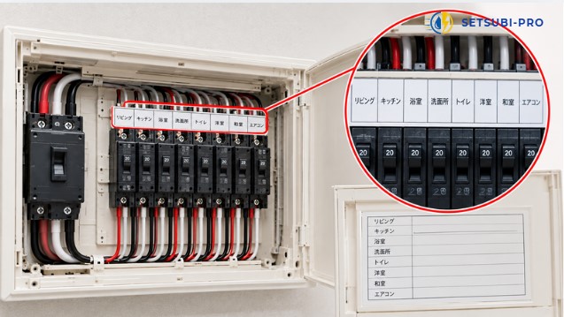 分電盤のブレーカーに表示された名称や回路ラベルを確認する様子