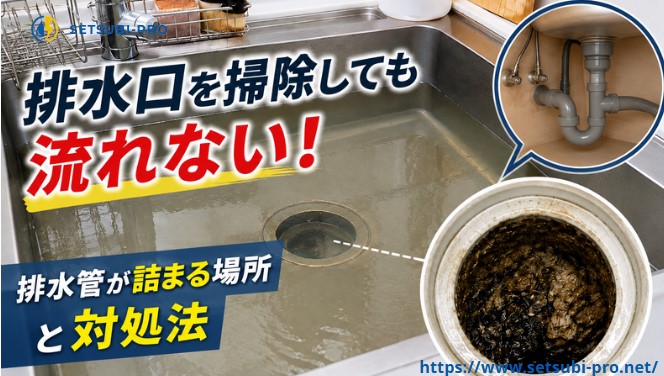 キッチンの排水管が詰まり水が流れにくくなっている様子