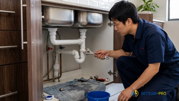 キッチンの水漏れ修理作業