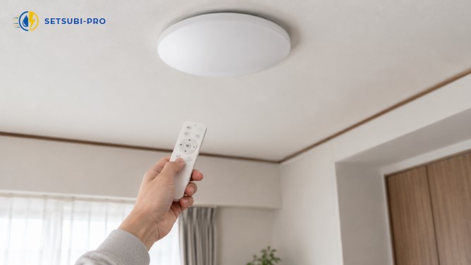 LEDシーリングライトのリモコンを確認している様子