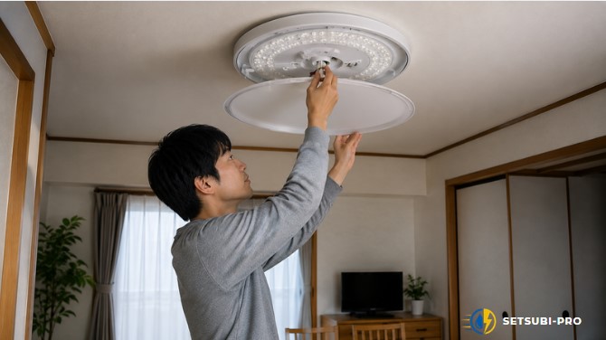 天井照明の電球を交換している様子