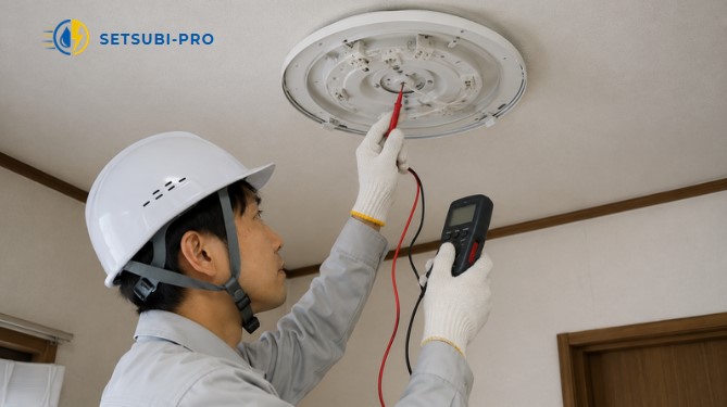 電気技術者が照明器具を点検している様子
