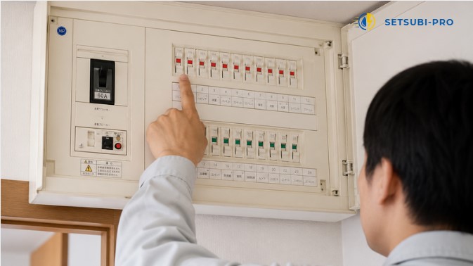 分電盤のブレーカーを確認している様子