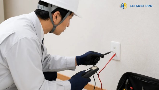 電気工事士がコンセントを点検している様子