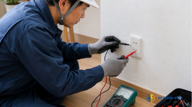 電気工事士がコンセントの漏電を点検している様子