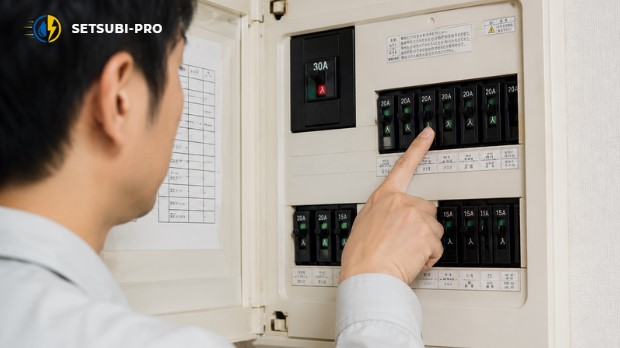 分電盤のブレーカーを確認している様子