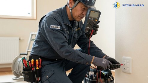 電気工事士が水濡れしたコンセントを点検する
