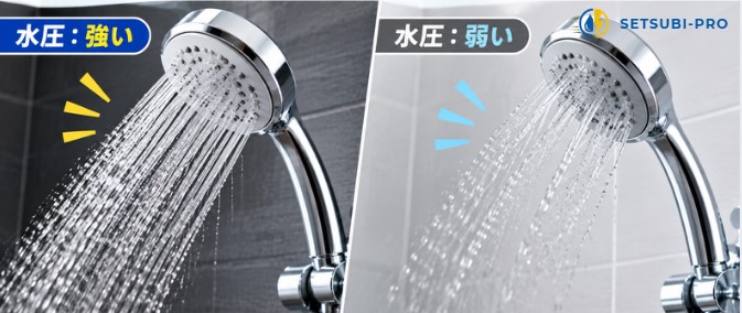 シャワーとほかの蛇口の水の勢いを比較している様子