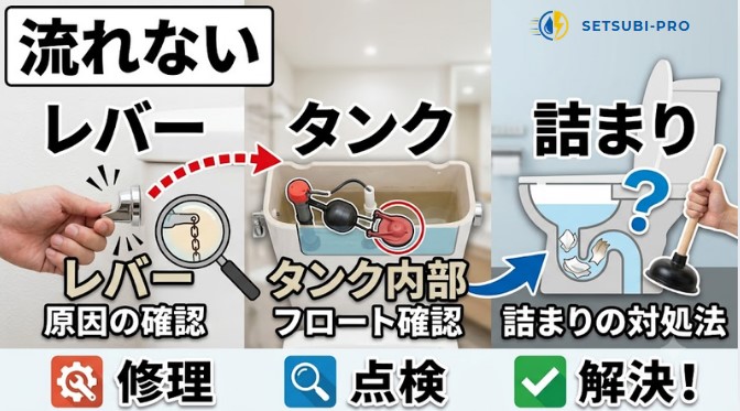 トイレが流れないときにレバーとタンクを確認する様子