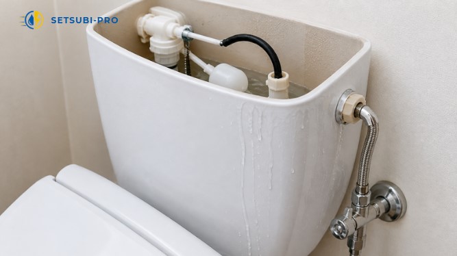 トイレタンクの給水管との接続部分から水が漏れている様子