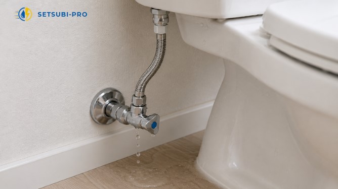 トイレの給水管と止水栓の接続部分から水がにじんでいる様子