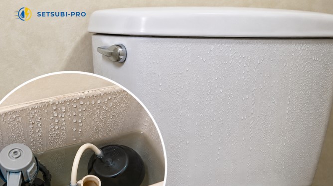 トイレタンクの表面に結露による細かな水滴が付いている様子
