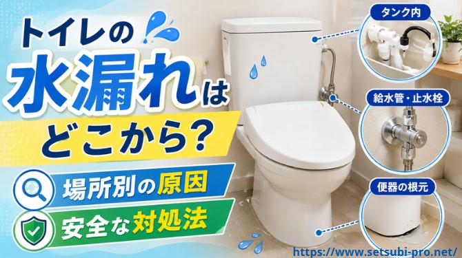 トイレの床に水がたまり、タンクや給水管周辺から水漏れしている様子