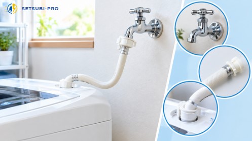 洗濯機の蛇口と給水ホースの接続部分から水が漏れている様子