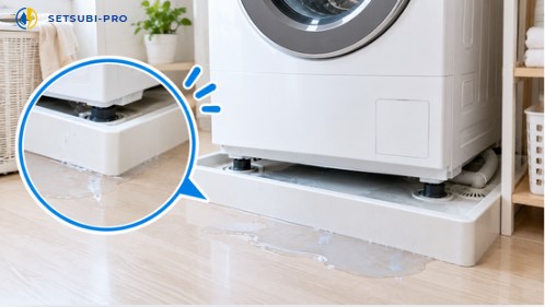 洗濯機の底と防水パンに水がたまっている状態