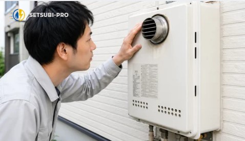 給湯器の排気口を確認する様子