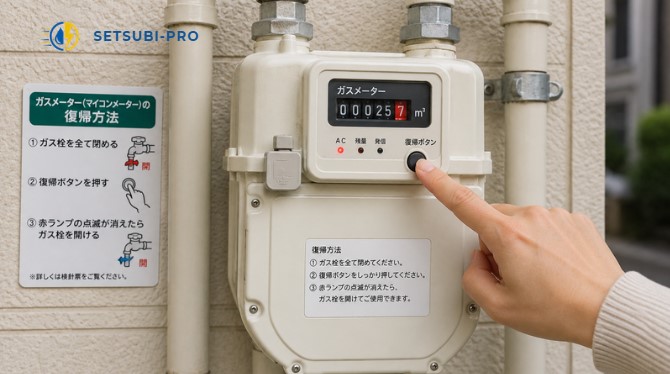 ガスメーターの安全装置を確認する様子