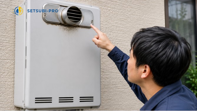 給湯器の排気口を確認する様子